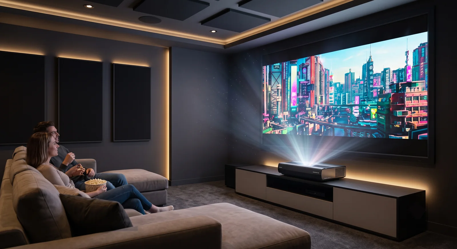 Modern home theater with a projector displaying a vivid city scene