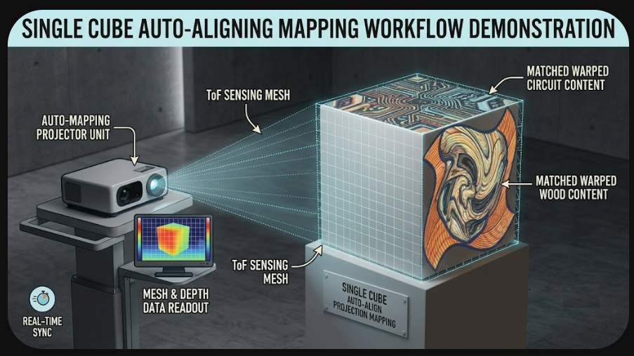 Projection mapping workflow showing a projector and ToF sensing mesh aligning warped visual content to the surfaces of a cube