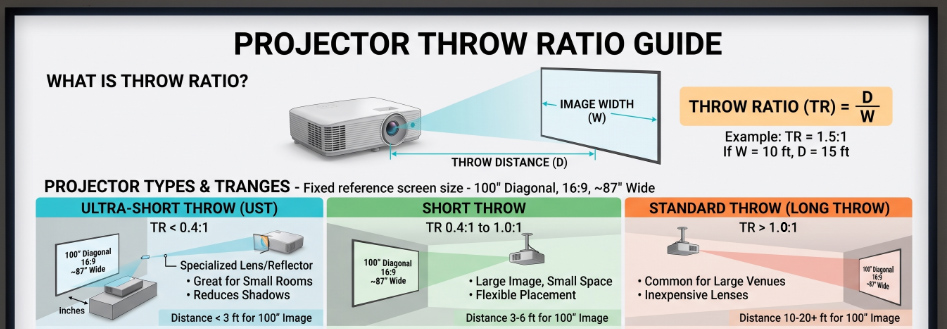 Projector throw ratio guide comparing ultra-short throw, short throw and standard throw projector placement