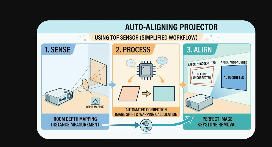 Simplified workflow showing a ToF sensor measuring room depth, processing image shift and warping, and automatically aligning a projector image